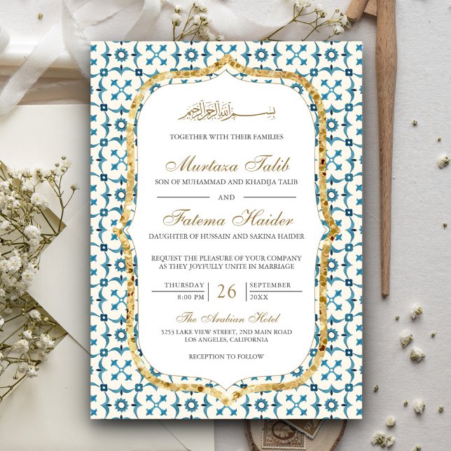 Invitation Carrelage bleu et or marocain Mariage islamique (Créateur téléchargé)