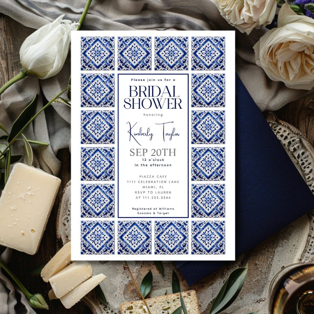 Invitation Carrelage bleu Fête des mariées méditerranéenne it (Blue Tiles Italian Mediterranean Bridal Shower Invitation)