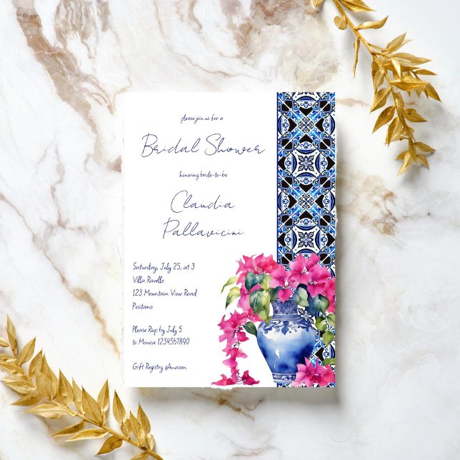 Invitation Carrelage bleu français Bougainvillea douche nupti (Blue French Mediterranean Tiles Bougainvillea ceramic vase bridal shower Invitation template digital)