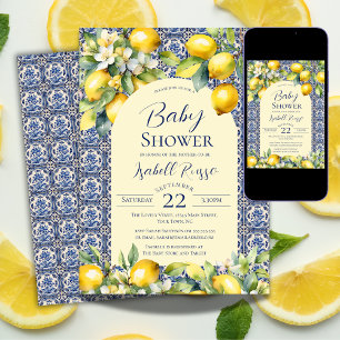 Invitation Carrelage Bleu Italien Aquarelle Fête de Naissance