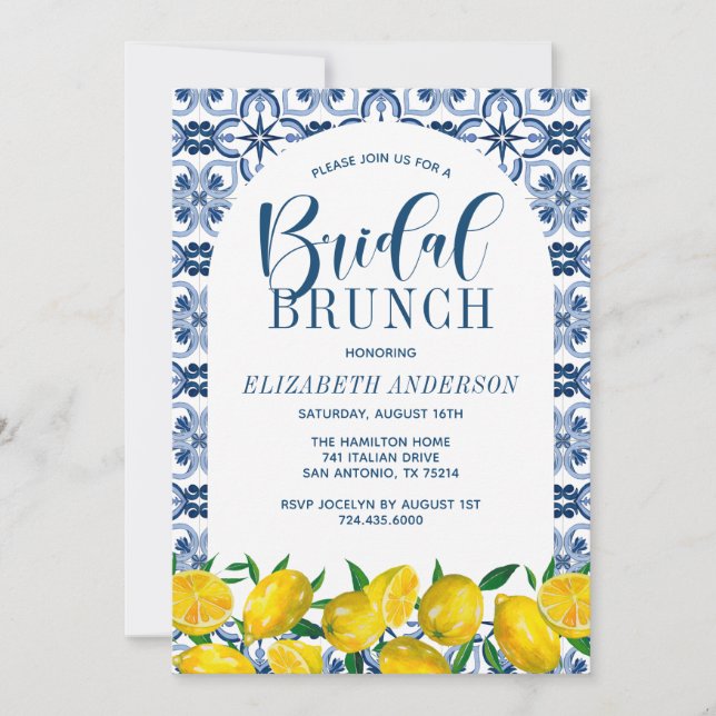Invitation Carrelage bleu italien Aquarelle Lemon Bridal Brun (Devant)