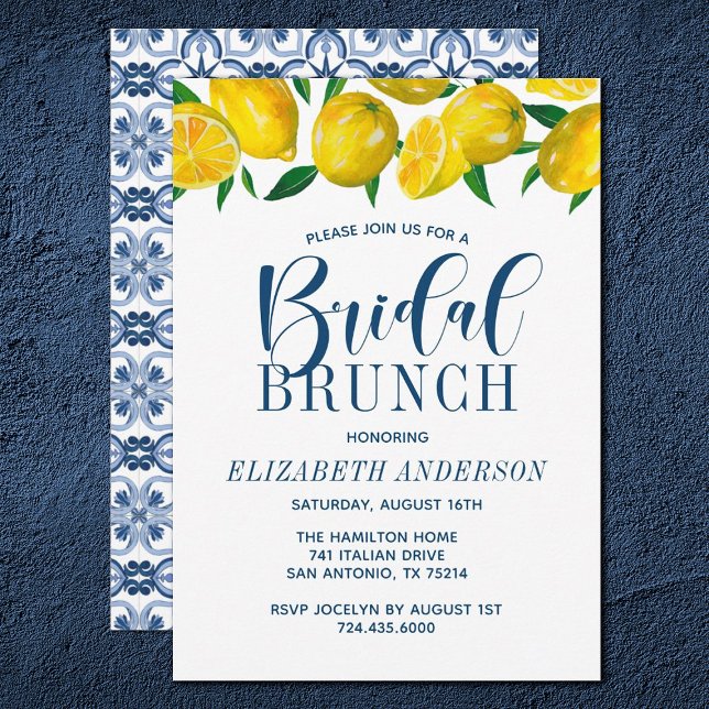 Invitation Carrelage bleu italien Aquarelle Lemon Bridal Brun (Créateur téléchargé)