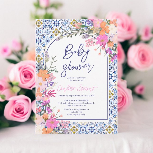 Invitation Carrelage bleu italien baby shower floral aquarell (Italian blue tiles watercolor floral baby shower invitation)