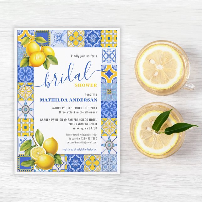 Invitation Carrelage bleu italien Citron Fête des mariées d'é (Italian Blue Tiles Lemon Summer Bridal Shower Invitation)