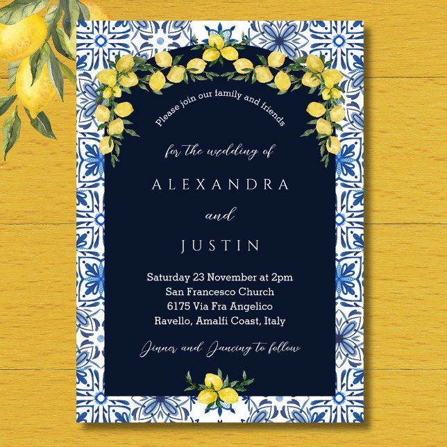 Invitation Carrelage bleu italien Citron Mariage méditerranée (Créateur téléchargé)