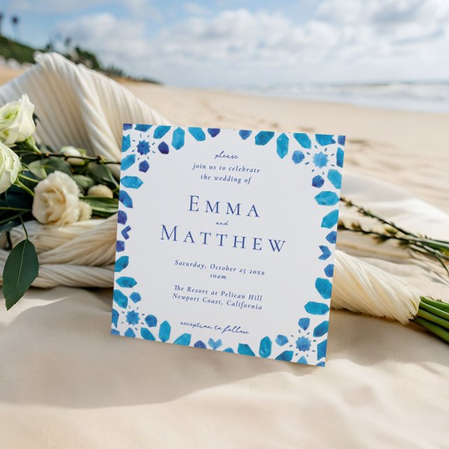 Invitation Carrelage bleu marocain Carré géométrique Mariage (Créateur téléchargé)