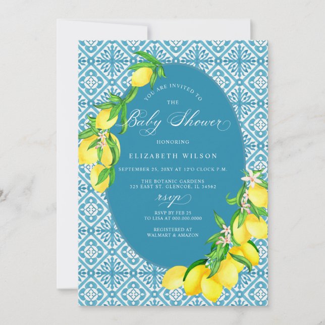 Invitation Carrelage bleu méditerranéen Baby shower citron (Devant)