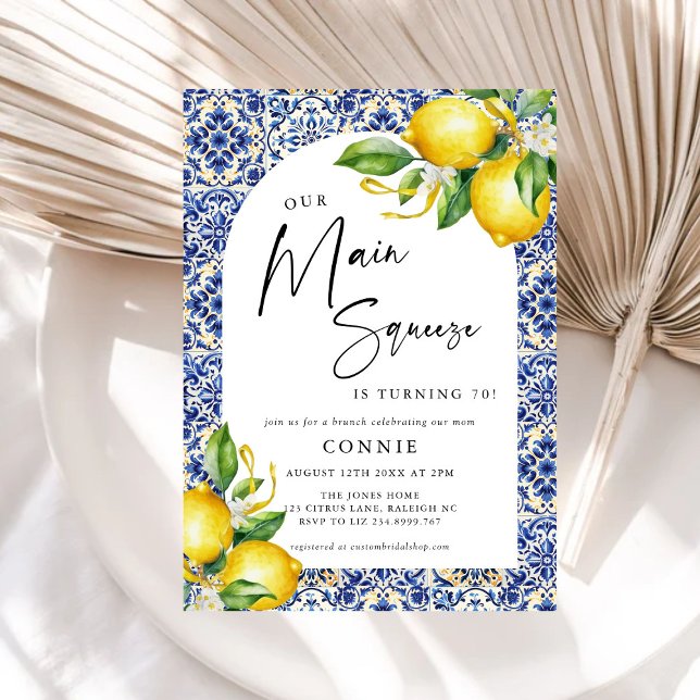 Invitation Carrelage bleu méditerranéen Citrons 70e anniversa (Créateur téléchargé)
