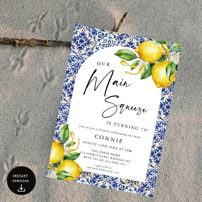 Invitation Carrelage bleu méditerranéen Citrons 70e anniversa (Créateur téléchargé)