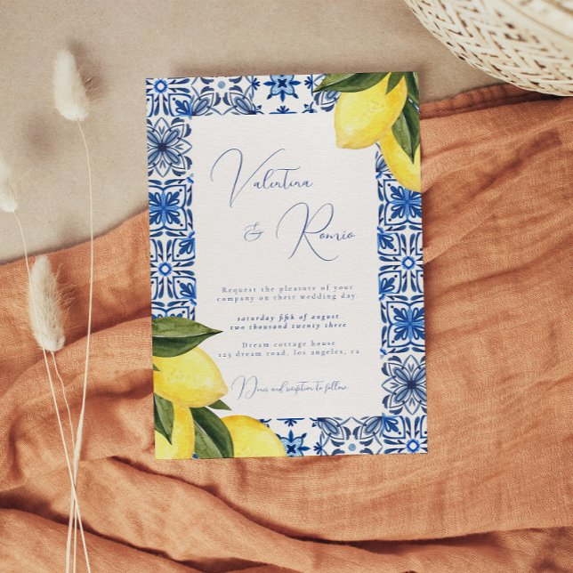 Invitation Carrelage bleu méditerranéen et mariage aux agrume (Créateur téléchargé)