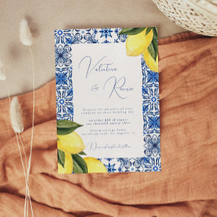 Invitation Carrelage bleu méditerranéen et mariage d'agrumes