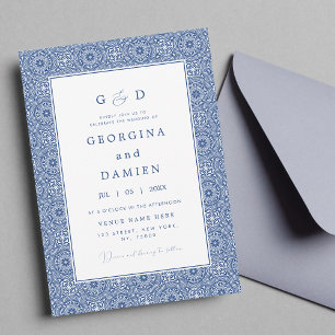 Invitation Carrelage Bleu Méditerranéen & Photo Mariage éléga
