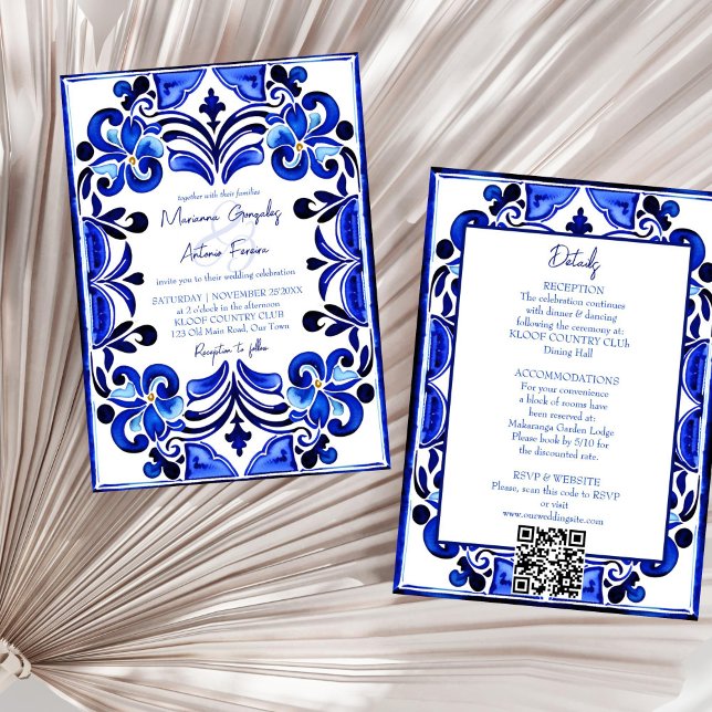 Invitation Carrelage bleu méditerranéen tout en un mariage (Blue Mediterranean French tiles all in one wedding Invitation template digital download qr RSVP)