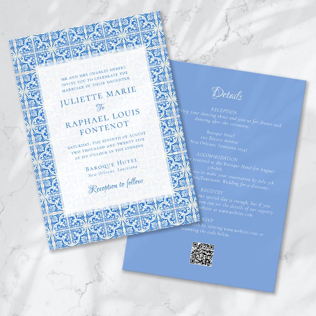 Invitation Carrelage bleu méditerranéen tout en un Mariage (Créateur téléchargé)