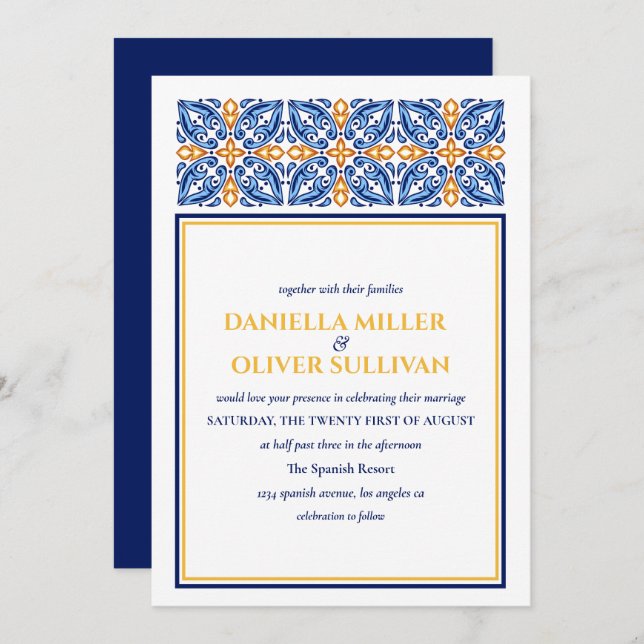 Invitation Carrelage espagnol | Bleu Jaune mariage méditerran (Devant / Derrière)