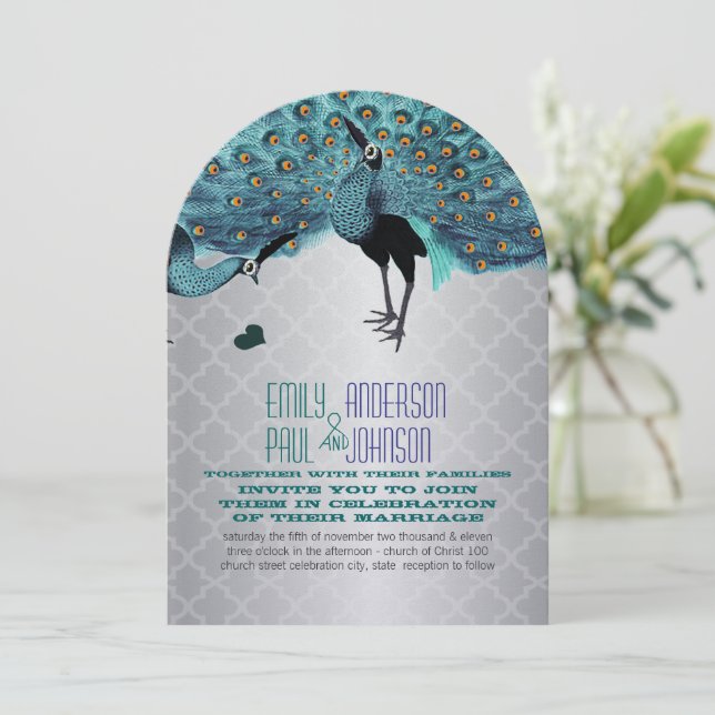 Invitation Carrelage marocain d'argent Aqua & Mariage Peacock (Debout devant)