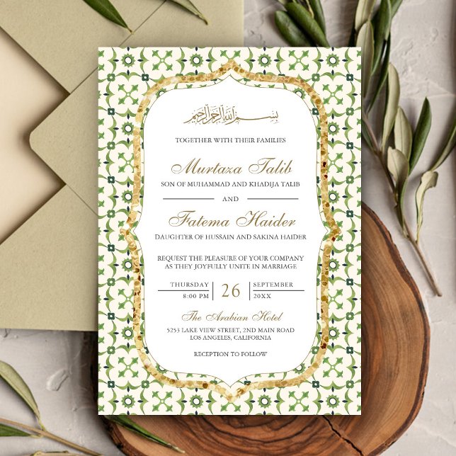 Invitation Carrelage marocain vert et or Mariage islamique (Créateur téléchargé)