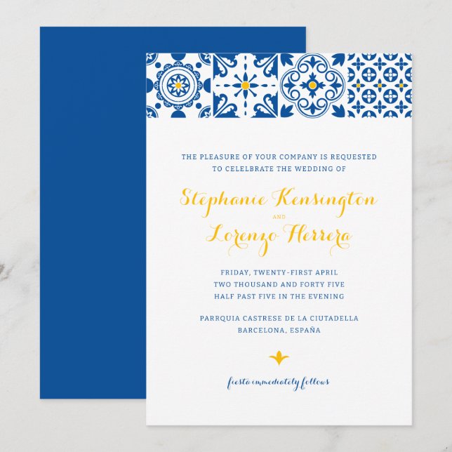 Invitation Carrelage méditerranéen Bleu Jaune Mariage (Devant / Derrière)