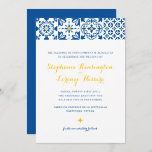 Invitation Carrelage méditerranéen Bleu Jaune Mariage