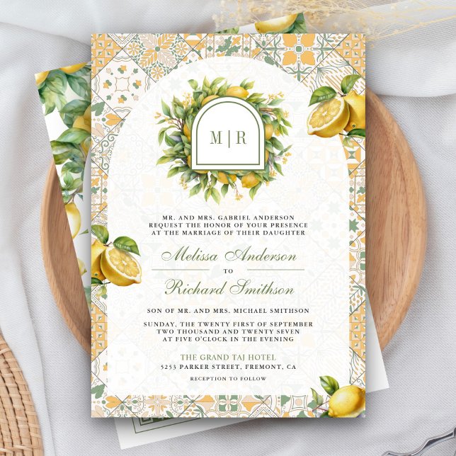 Invitation Carrelage méditerranéen Citron QR Code Mariage pho (Créateur téléchargé)