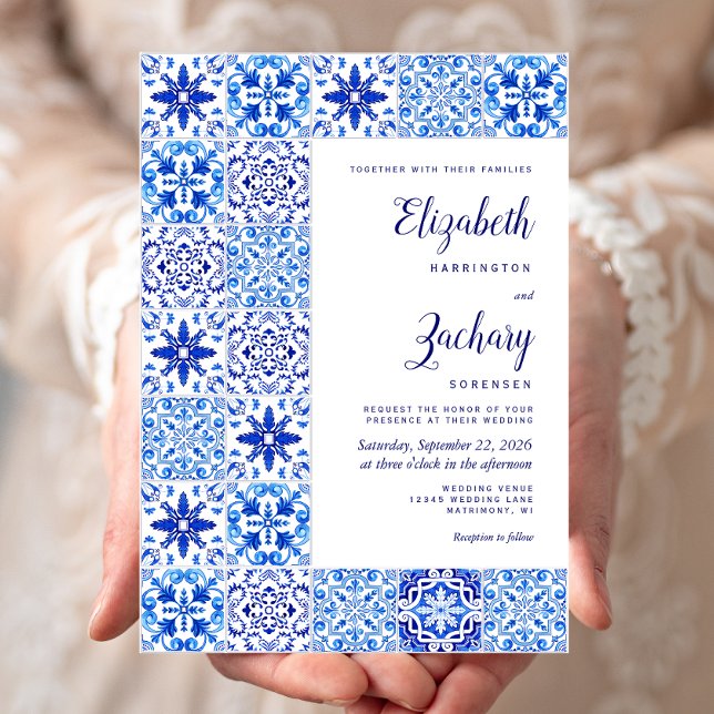 Invitation Carrelage Portugais Rustique Mariage Bleu Blanc (Créateur téléchargé)