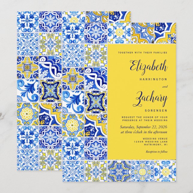 Invitation Carrelage Portugais Rustique Mariage Bleu Jaune (Devant / Derrière)