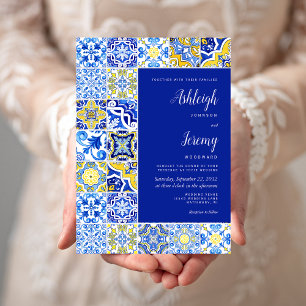 Invitation Carrelage rustique Bleu Jaune Blanc Mariage
