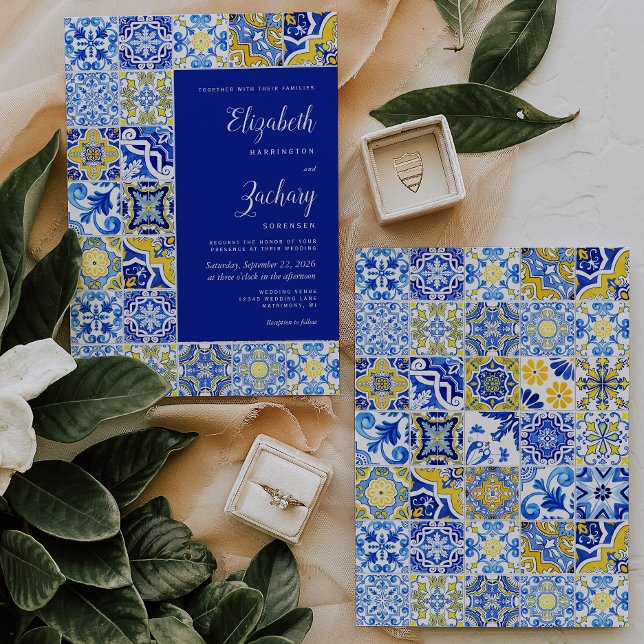 Invitation Carrelage rustique Bleu Jaune Blanc Mariage (Créateur téléchargé)