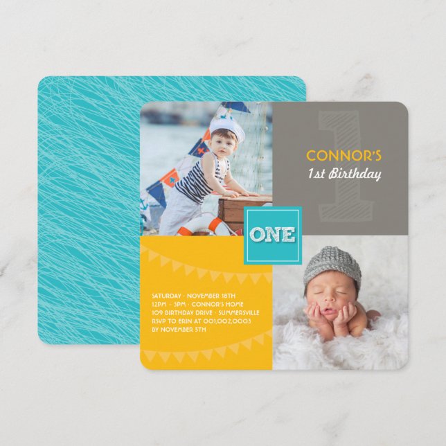 Invitation Carrés modernes amusants UNE Photo Garçon 1er Anni (Devant / Derrière)