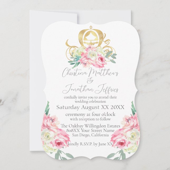 Invitation Carriage et Fleurs roses Mariage de conte de fées (Devant)