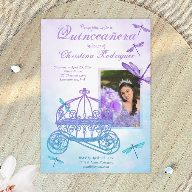 Invitation Carriage pourpre et turquoise Quinceañera (light purple and turquoise quinceanera invitations)
