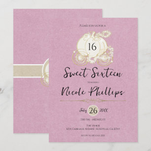 Invitation Carrosse Cendrillon en Or Rose Fête Sweet 16