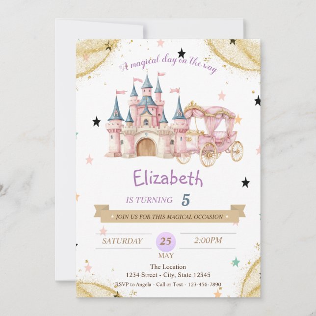 Invitation Carrosse Château Princesse Étoiles Anniversaire  (Devant)