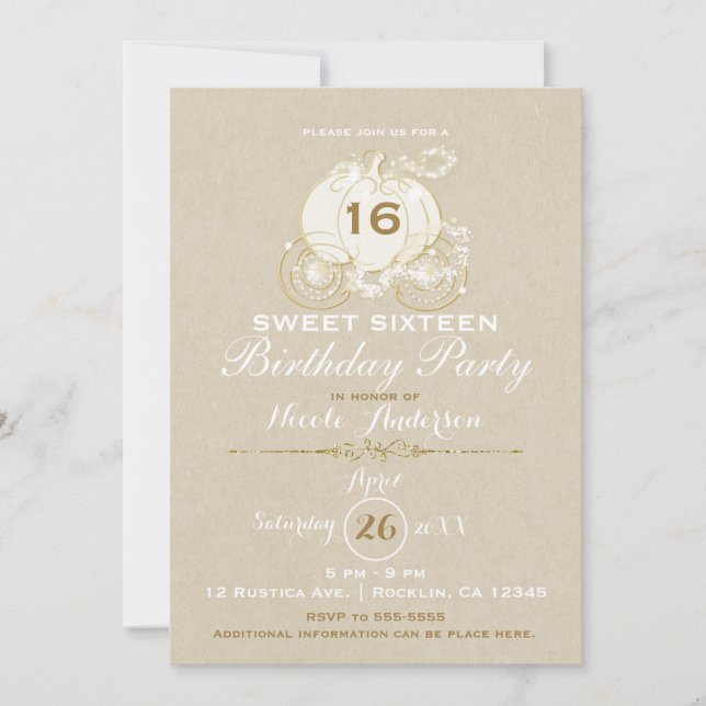 Invitation Carrosse de Cendrillon Kraft Or Anniversaire Sweet (Devant)