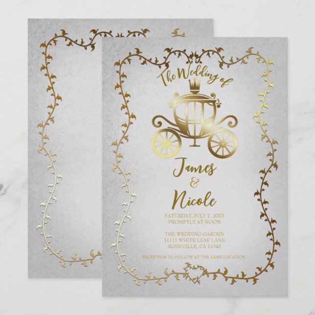 Invitation Carrosse élégant doré Mariage conte de fées blanc (Devant / Derrière)