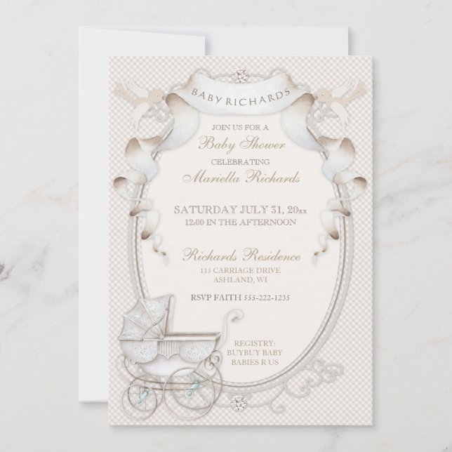 Invitation Carrosse Vintage Crème Gingham Oiseaux (Devant)