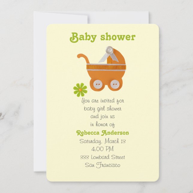 Invitation Carrosserie orange, fleur verte pour baby shower (Devant)