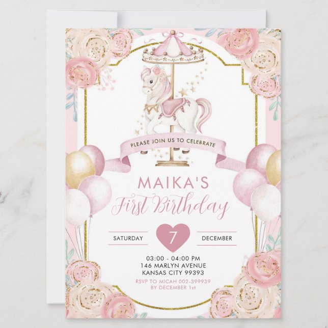 Invitation Carrousel de fille rose et or magique Anniversaire (Devant)