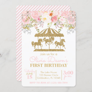 Invitation Carrousel floral rose et or fille Anniversaire