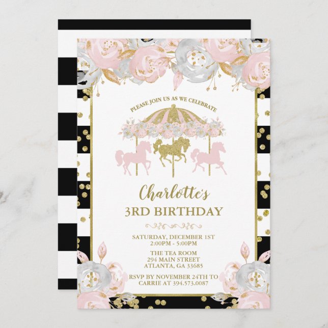 Invitation Carrousel Parties scintillant rose et or Invitatio (Devant / Derrière)