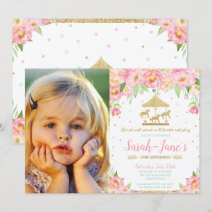 Invitation Carrousel rose floral 1er anniversaire fille avec 