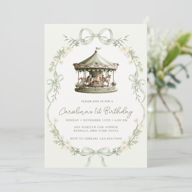 Invitation Carrousel Vert Sauge Anniversaire (Debout devant)