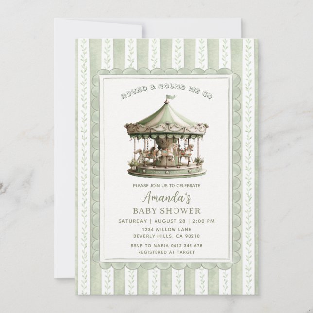 Invitation Carrousel Vert Sauge Fête Prénatale (Devant)