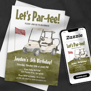 Invitation Cart de golf vert aquarelle Let's Par-tee Annivers