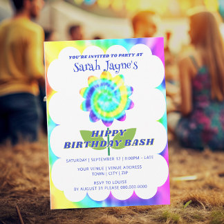 Invitation Cartable d'anniversaire tie dye arc-en-ciel coloré