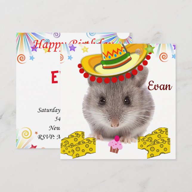 Invitation carte d'anniversaire souris (Devant / Derrière)
