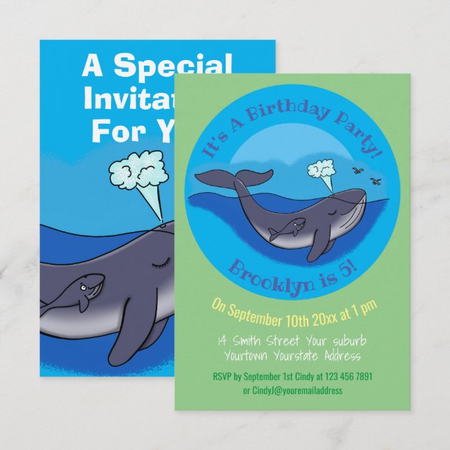 Invitation carte de baleine et baleineau mignonne  (Devant / Derrière)