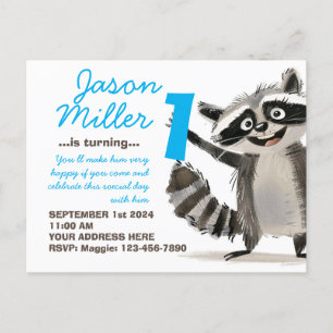 Invitation Carte Postale 02 Racoon fête d'anniversaire pour bébé 1