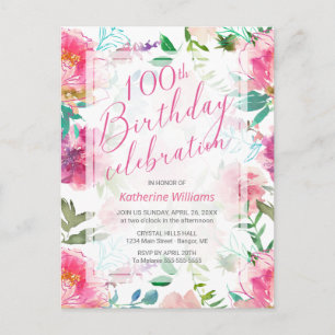 Invitation Carte Postale 100e anniversaire Aquarelle tropicale rose floral