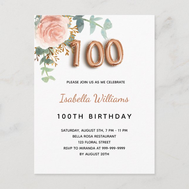 Invitation Carte Postale 100e anniversaire fleuri rose d'or eucalyptus feui (Devant)